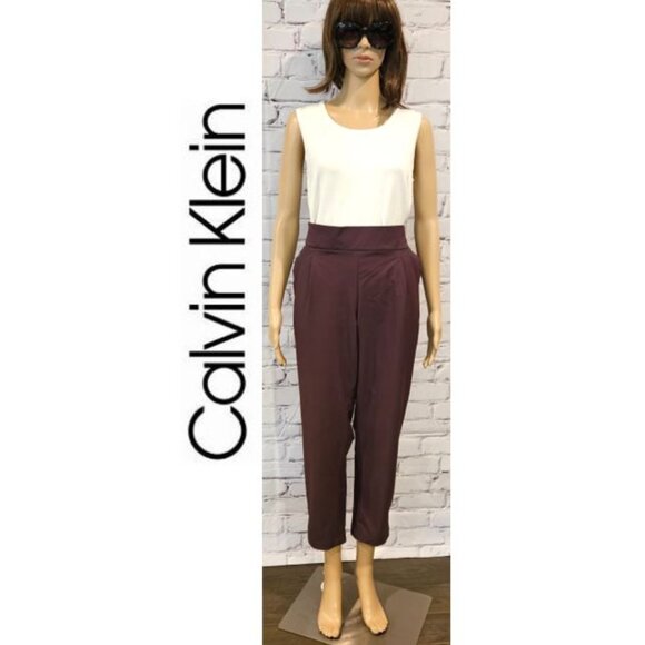 NWOT! CALVIN KLEIN, Brown/burgundy pull up elastic waist cropped pants - Picture 2 of 9